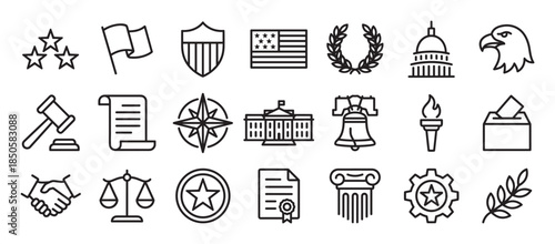 Set of black line art icons representing government, law, and national patriotism, featuring a flag, eagle, gavel, ballot box, and historic architectural symbols