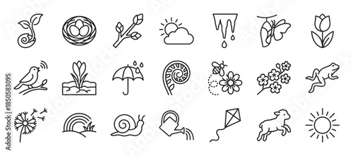 Collection of twenty-one spring season icons in a simple black outline style, featuring nature symbols like flowers, animals, insects, and weather for graphic design elements
