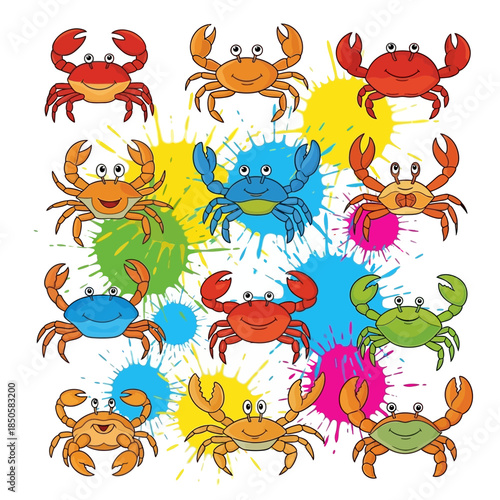 Colorful crabs with happy faces.