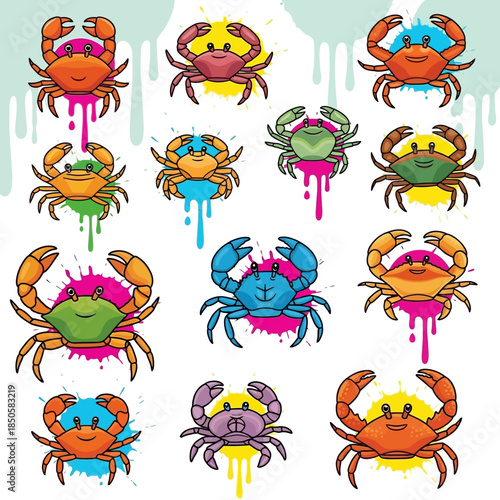 Colorful crabs with paint splatters.