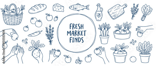 Hand-drawn doodle illustration set of fresh market food including vegetables, fruit, fish, and bread in a charming line art style representing healthy eating and organic produce
