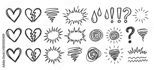 Hand drawn doodle elements set featuring hearts, broken hearts, comic explosions, swirls, suns, and punctuation marks, all created in a simple black and white sketch illustration style
