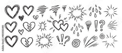 Hand-drawn doodle icon set with hearts, broken hearts, lightning bolts, and expressive emotional symbols in a black and white sketchy line art style for illustrating feelings