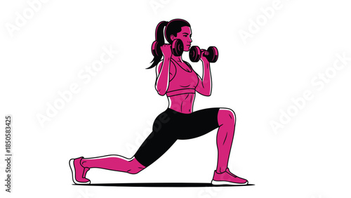 Fit Woman Exercising with Dumbbells Performing Lunges for Strength Training and Healthy Lifestyle