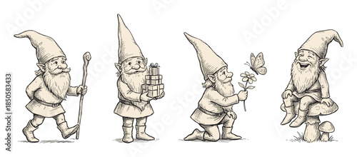 Set of four hand-drawn gnomes in a vintage engraving style are shown walking with a staff, holding gifts, kneeling with a flower and butterfly, and laughing on a mushroom