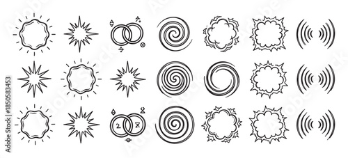 Diverse set of hand drawn doodle icons showing comic book explosions, spirals, sunbursts, sound waves, and abstract rings, all created in a simple black and white sketch style