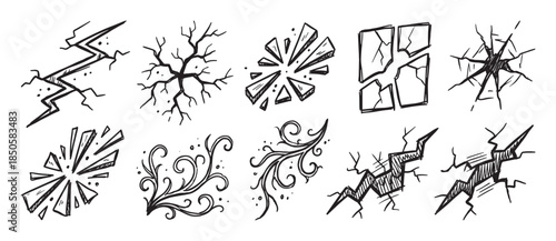 Set of hand-drawn crack and shatter illustrations with various doodle effects like broken glass, ground fissures, and decorative swirls in a rough ink sketch style