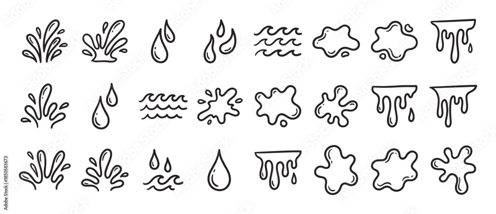 Fototapeta premium Set of hand drawn water doodle elements in a simple black line art style, including splashes, drops, waves, puddles, and dripping liquid shapes for a cartoon illustration
