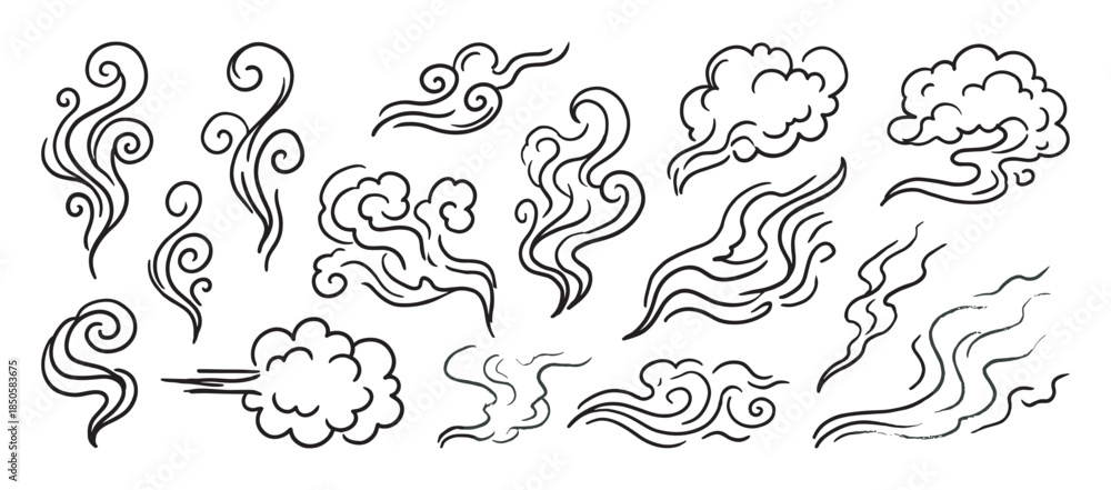 Fototapeta premium Hand drawn black line art illustrations of smoke, steam, and wind in a doodle sketch style with various flowing swirls, puffs, and cloud shapes in a decorative oriental collection