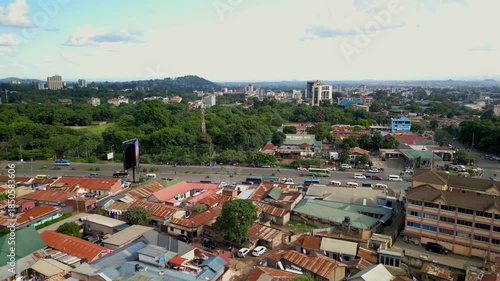 Aerial view of Arusha cityscape , It s a gateway to safari destinations and to Africa s highest peak, Mt. Kilimanjaro.