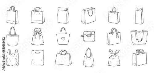 Large collection of hand-drawn shopping bags in various styles and shapes, including paper, tote, and gift pouches, presented as a simple black and white line art illustration set