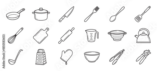 Hand-drawn kitchen and cooking utensil icons in a minimalist black line art style, a collection including a pot, pan, knife, whisk, grater, spatula, and other culinary tools