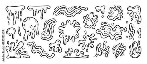 Hand-drawn doodle set of liquid splashes and slime drips with black outlines, featuring various cartoon fluid motion, splatter, and gooey shapes in a simple comic book style