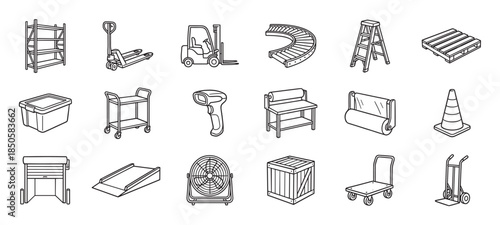 Warehouse equipment and logistics icon collection featuring a forklift, pallet jack, conveyor belt, and shelving in a clean black line art illustration for supply chain concepts
