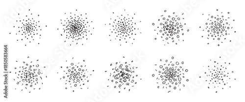 Ten hand-drawn abstract doodle elements featuring clusters of dots, circles, and scribbles in a sketchy black ink style, creating chaotic burst and explosion effects
