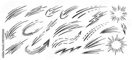 Hand-drawn black comic book speed lines, motion swooshes, action marks, and explosion bursts in a sketchy doodle style for illustrating dynamic movement and impact
