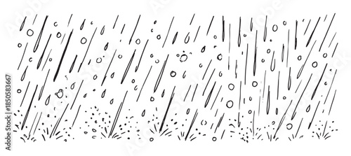 Hand-drawn black and white rain illustration showing a heavy downpour with drops falling and splashing on the ground in a simple, sketchy, minimalist doodle style