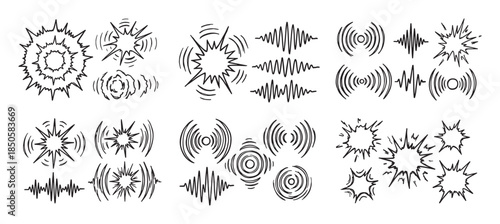 Hand-drawn black and white sound wave icons collection showing various audio signals, vibrations, and loud explosion effects in a simple doodle sketch style for comic or design elements