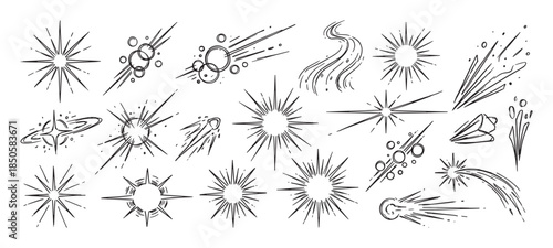 Set of hand-drawn starburst and space doodles featuring various celestial elements like comets, meteors, and shining stars in a black and white sketch style illustration collection