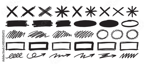 Set of hand-drawn black marker strokes and shapes including arrows, circles, crosses, and frames in a rough, sketchy, and artistic doodle style for graphic design elements