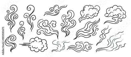 Hand drawn black line art illustrations of smoke, steam, and wind in a doodle sketch style with various flowing swirls, puffs, and cloud shapes in a decorative oriental collection
