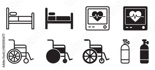 Black medical and hospital care icon set featuring a bed, wheelchair, ECG monitor, and oxygen tank, presented in both outline and solid glyph vector styles