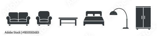Collection of dark gray furniture icons featuring a sofa, armchair, table, bed, floor lamp, and wardrobe in a minimalist glyph style for interior design concepts