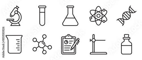 Ten science and chemistry laboratory icons featuring a microscope, test tube, flask, atom, DNA, beaker, and molecule in a simple black outline vector illustration style
