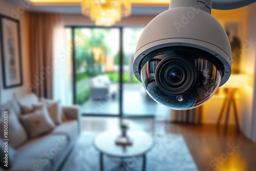 Close-up dome security camera overlooking a cozy living room with sofa, coffee table, sliding glass doors and warm lighting, conveying vigilance and home safety