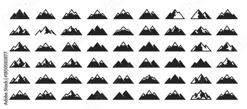 Diverse collection of black mountain icons and silhouettes featuring various peak shapes, snowy caps, and range designs in a simple, flat graphic vector style
