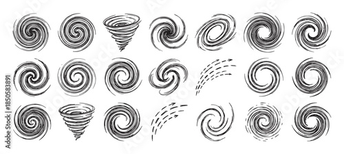 Hand-drawn spiral and tornado icons collection in a sketchy doodle style, illustrating concepts of weather, wind, storms, cyclones, and abstract rotational vortex motion