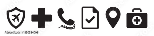 Collection of black vector icons for travel insurance services including flight protection, medical cross, emergency phone, approved document, location pin, and first aid kit