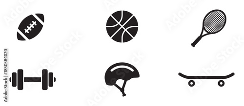 Set of black sport equipment icons featuring a football, basketball, tennis racket, dumbbell, helmet, and skateboard for various athletic and recreational activities