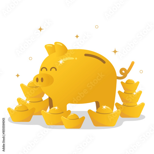 Vector illustration of Golden piggy bank of wealthy and lucky. Asian culture concept.