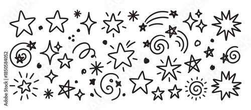 Large set of hand drawn black stars in various doodle styles including sparkles, swirls, and shooting stars, creating a whimsical and playful decorative element collection