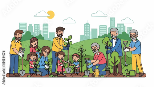 Diverse group of people planting trees in a park setting.