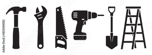 Set of black construction tool silhouettes including a hammer, wrench, saw, drill, shovel, and stepladder in a minimalist graphic icon style for DIY or repair projects