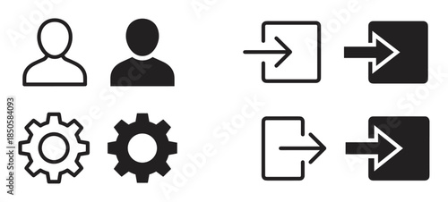 Set of black user interface icons including user profile, settings gear, login, and logout symbols, with each icon presented in both a thin line art style and a solid filled silhouette version