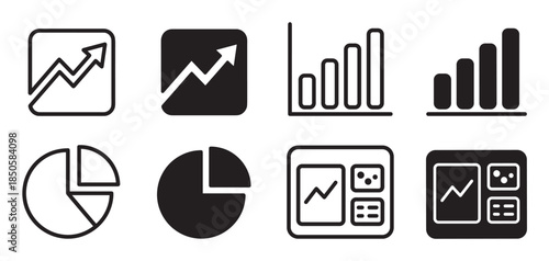 Set of black business analytics icons showing financial growth with line graphs, bar charts, pie charts, and dashboard symbols in both outline and solid glyph styles