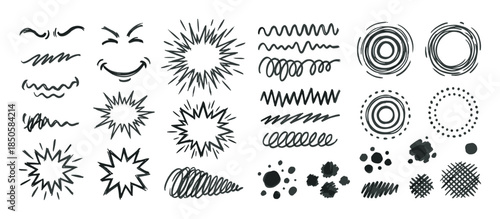 Set of hand-drawn black marker doodle elements including various lines, starbursts, circles, and textures for graphic design, presented in a sketchy and informal artistic style