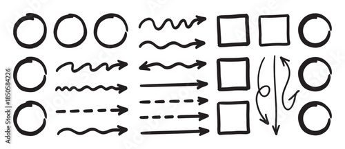 Hand drawn black marker arrows and shapes collection including circles, squares, wavy lines, and pointers for highlighting, direction, and emphasis in a simple doodle sketch style