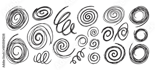 Hand drawn black spiral and swirl shapes with a rough, sketchy texture, a collection of doodle elements for creative design projects, abstract curly lines and chaotic scribbles