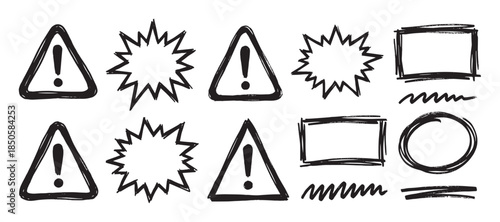 Hand-drawn black grunge warning signs and frames collection with exclamation marks, starbursts, and sketchy lines in a doodle style for highlighting important information