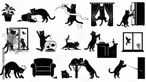Collection of Silhouettes Depicting Mischievous Cats Engaged in Various Activities.