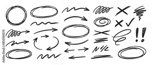 Hand-drawn black sketch doodle elements collection featuring various arrows, circles, checkmarks, underlines, and scribbles for creative emphasis and annotation