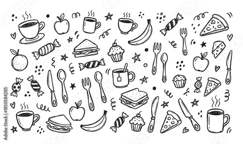 Hand-drawn black and white food doodles featuring coffee, tea, sandwiches, pizza, and fruit in a playful, sketchy seamless pattern for menu or cafe design concepts