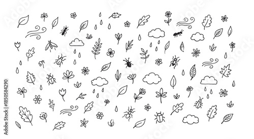 Large set of hand-drawn nature doodles featuring various leaves, flowers, insects, clouds, raindrops, and wind swirls in a charming black and white line art illustration style