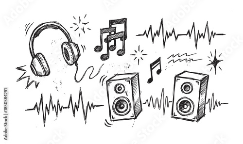 Hand-drawn music doodle icon set featuring headphones, audio speakers, musical notes, and sound waves in a rough black and white sketch style for entertainment and party concepts