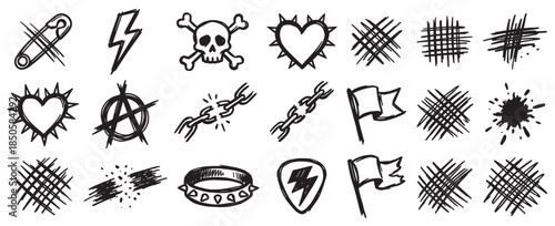 Set of hand-drawn punk rock symbols including a skull, anarchy sign, safety pin, and spiked heart, illustrated in a rough, black and white sketch or doodle style for subculture design