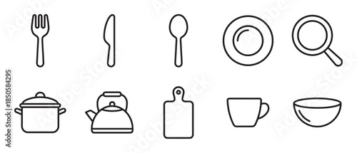 Set of ten minimalist kitchen utensil icons drawn in a simple black outline style, featuring a fork, spoon, knife, plate, pan, pot, kettle, cutting board, cup, and bowl